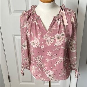 NWT Women's Mauve Pink Floral Ruffle-Neck Blouse with Gold Accents